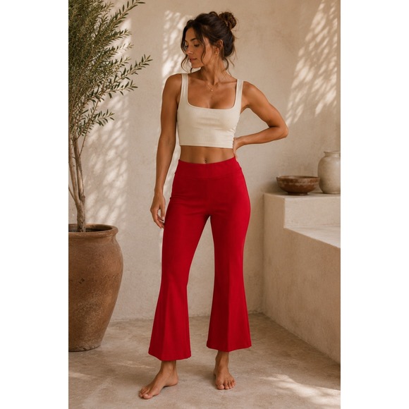 DONNI. Pants - DONNI Red Ribbed Flare Ankle Pants Women's M High Rise Pull On USA Made